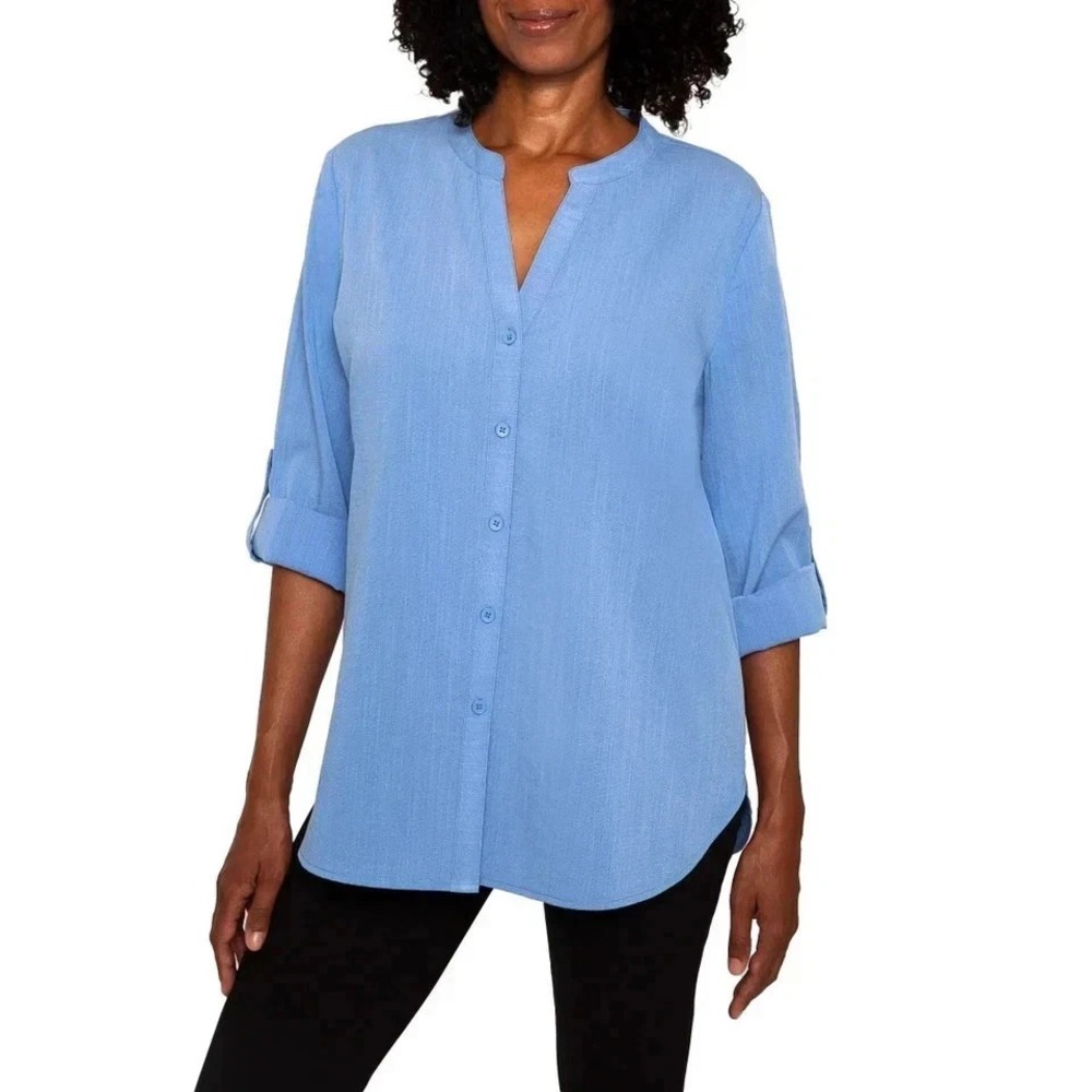 Mario Serrani Womens Blue Button Front Roll Tab Sleeve Blouse XL